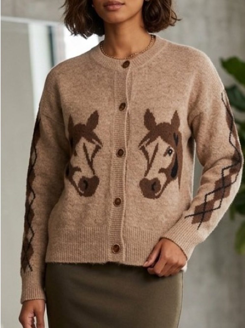 Marled Beige Horse-Intarsia Wool Blend Cardigan Sweater Western Coastal Cowgirl